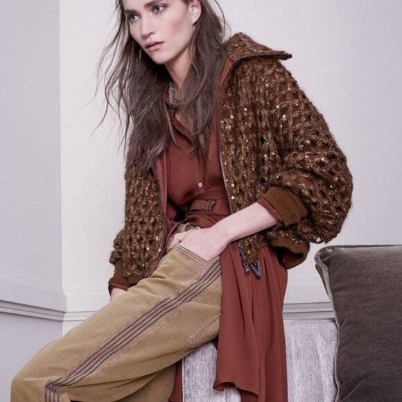 Brunello Cucinelli Denim - Brunello Cucinelli Jeans Monili Track Khaki Denim Wide Leg Relaxed 31x27 Size 4